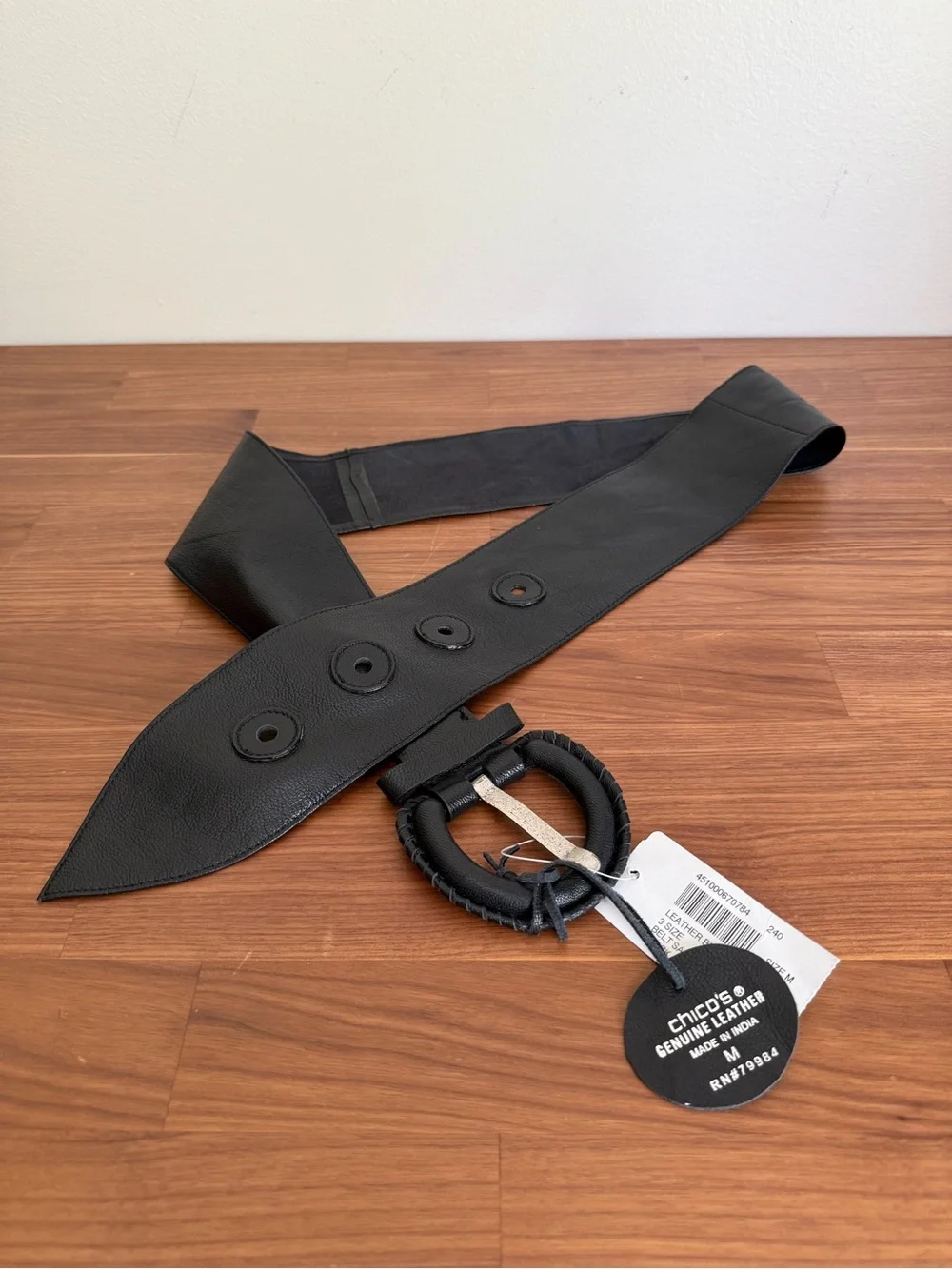 NWT Chico’s Black Genuine Leather Wide Waist Belt with Button Accents - Size M